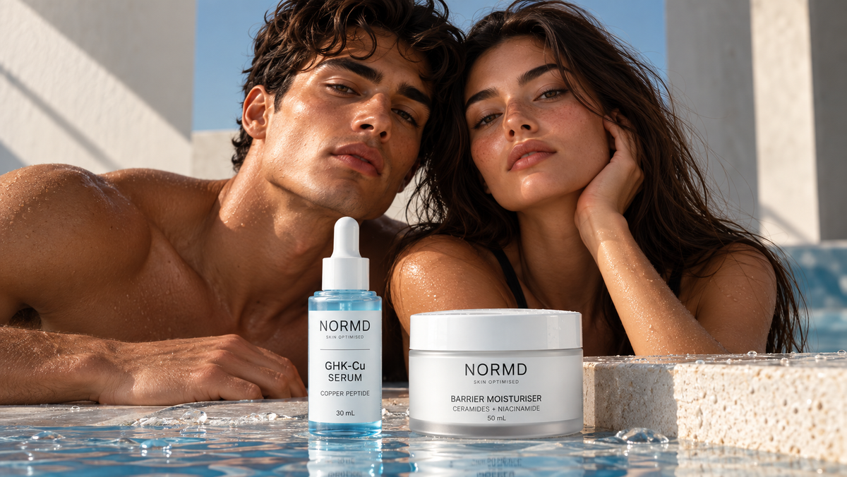 NORMD skincare campaign featuring the GHK-Cu Serum and Barrier Moisturiser